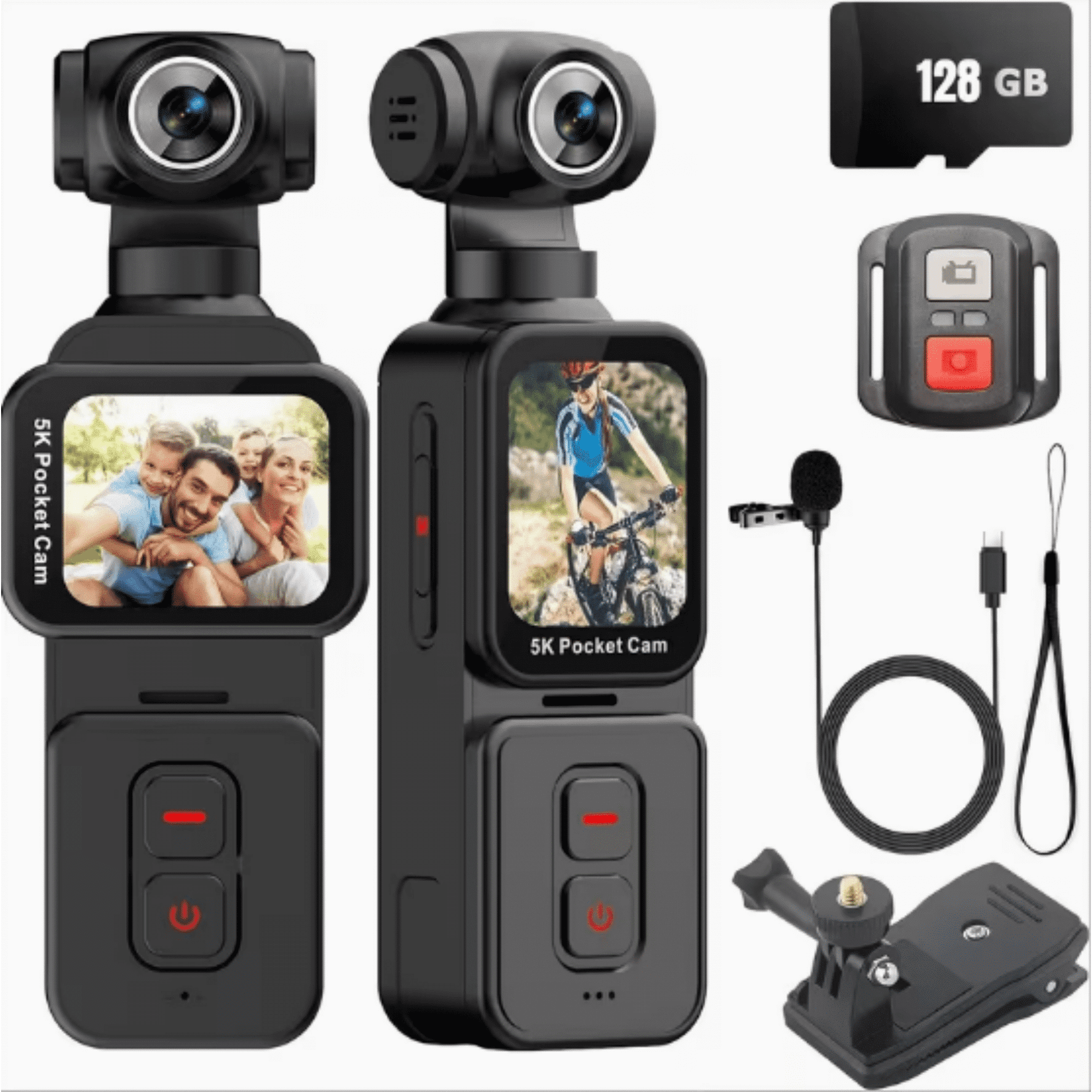 5K pocket camera, handheld camcorder, rotatable touchscreen, comes with remote control and 128GB memory card