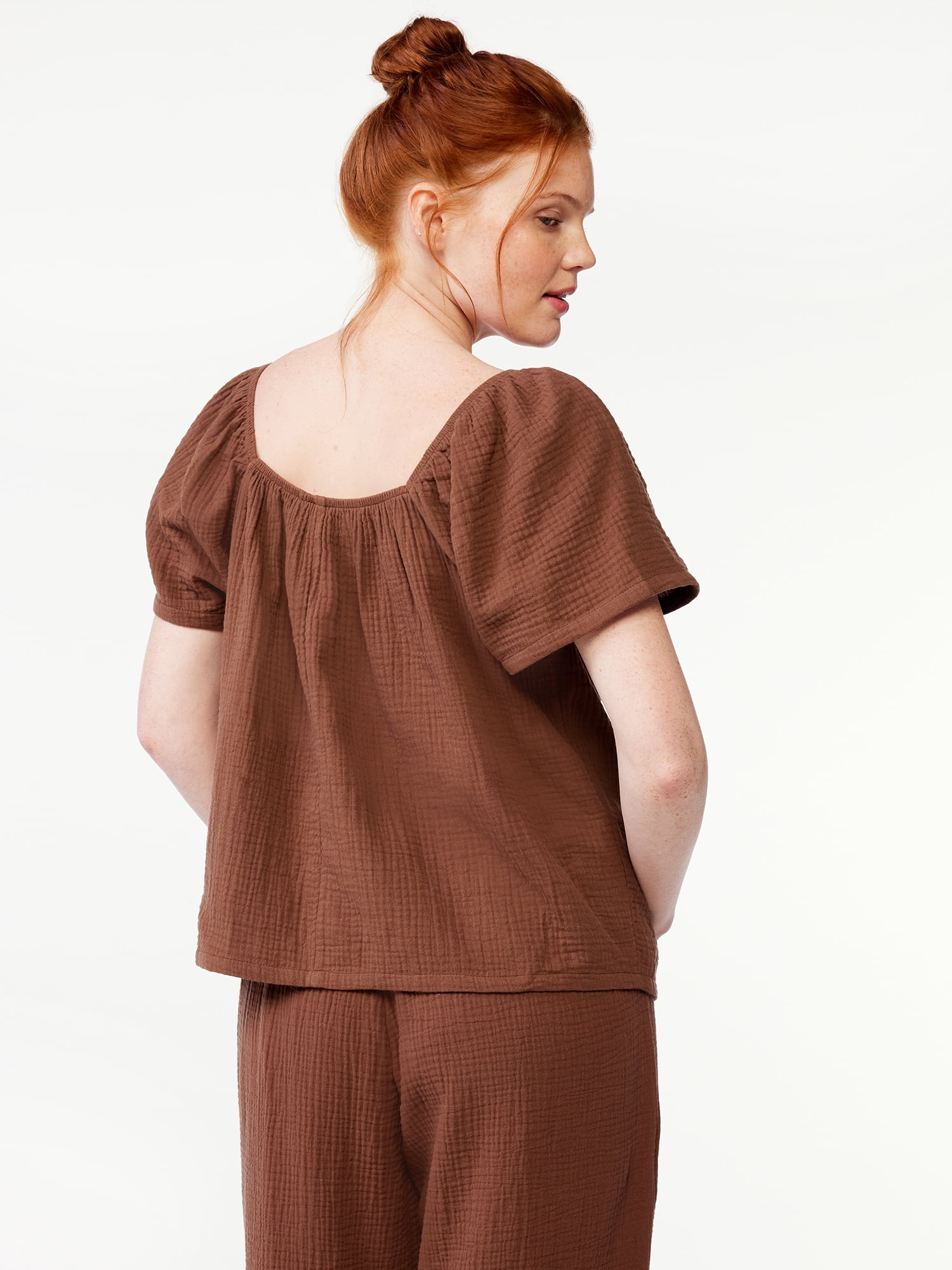 Joyspun Women's Puff Sleeve Gauze Sleep Top, Sizes S to 3X