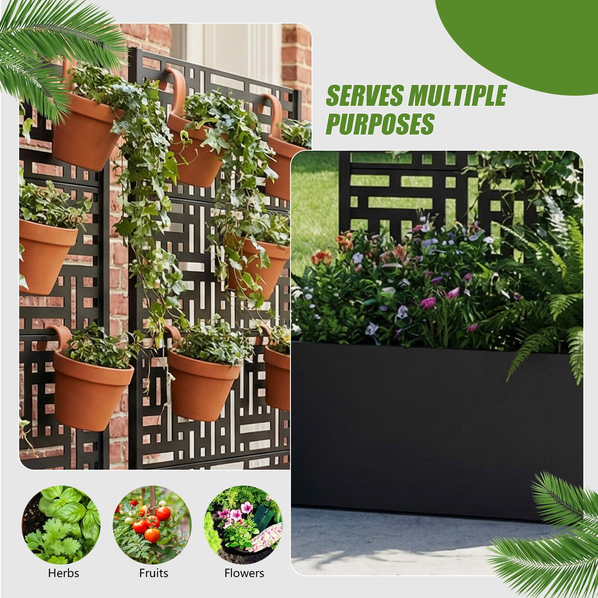 MAYEERTY 59X30" Metal Outdoor Black Privacy Screen with Planter Box for Backyard & Garden, 4 Piece Set, Double‑sided Installation