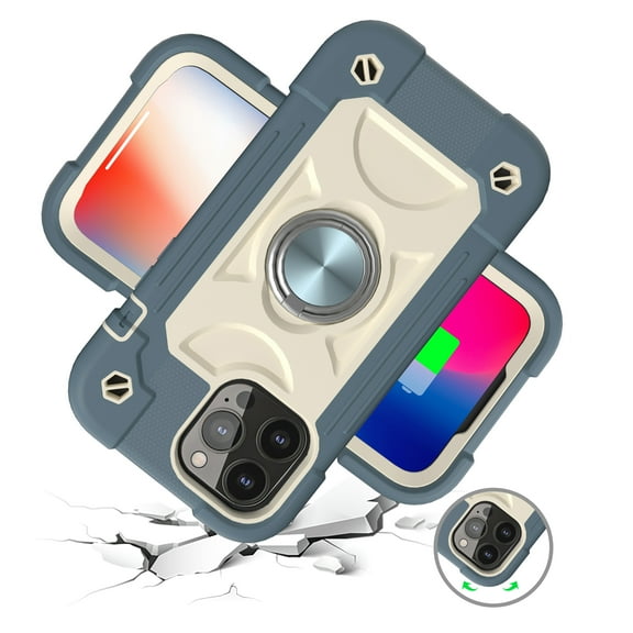 For Apple iPhone 13 Pro Max (6.7") Thick 3in1 Hybrid Rugged TPU Shock-Absorbing with Rotatable Double Rings Kickstand Case Cover fit iPhone 13 Pro Max / 6.7" - Light Blue