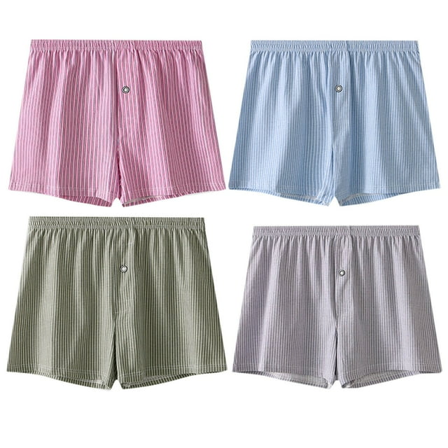 StSilkitty 4 Pack Men's Striped Boxers Underwear Low Rise Elastic Cotton Briefs Loose Breathable Button Underpants