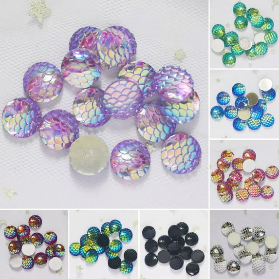 Shenmeida 50Pcs Round Resin Jewelry Accessories Multiple Colorful DIY Accessories 12mm Mermaid Fish Scale Style Flat Back Home Decor