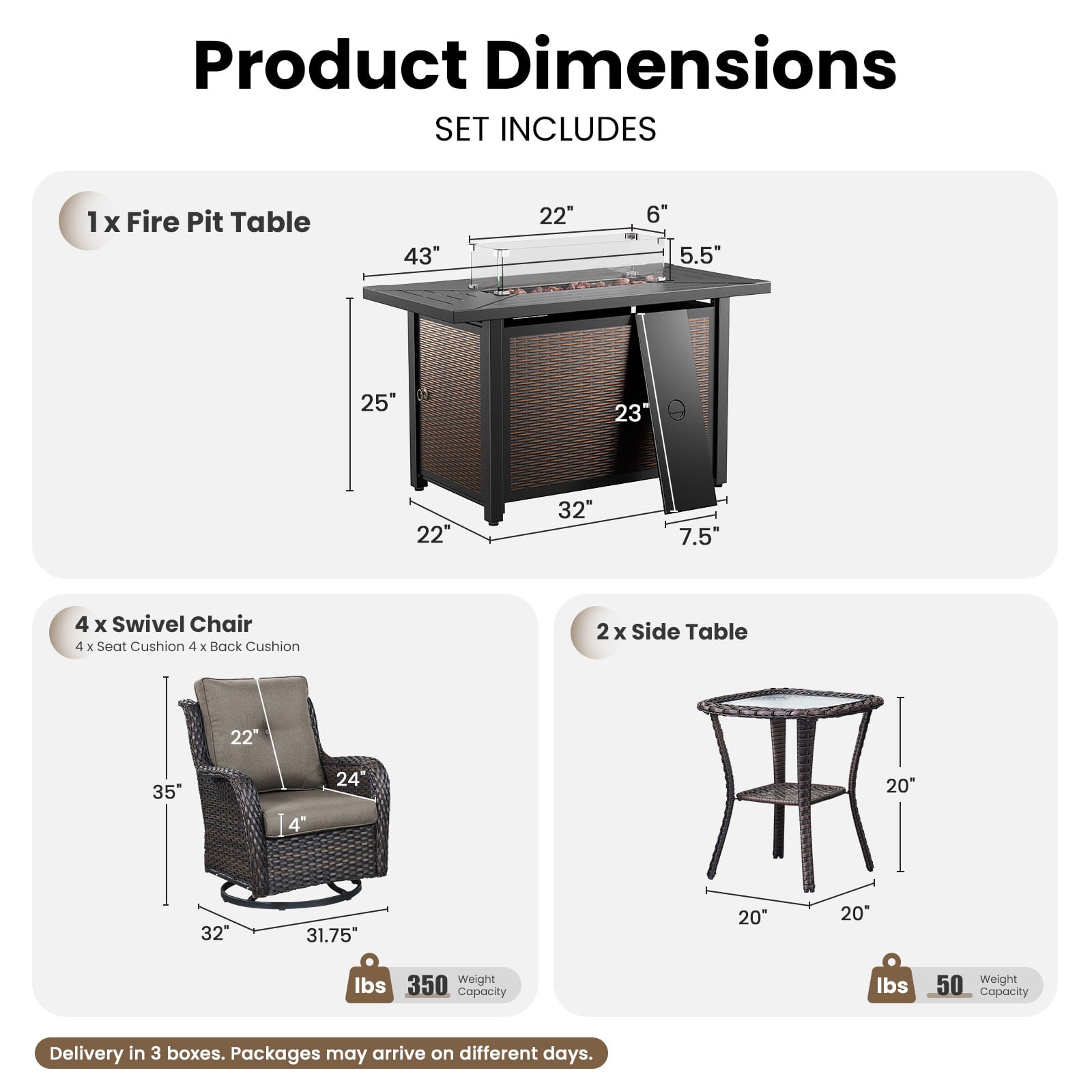Bellefurn 7 Pieces Patio Furniture Sets with Fire Pit,High-Back Rattan Patio Outdoor Conversation Set with 4 Swivel Chairs & Coffee Table for Porch Deck Backyard Poolside