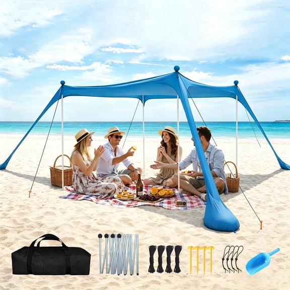 Beach Tent, 10 x 10 FT Beach Shade UPF50 Protection, Beach Canopy with Sandbags 4 Stability Poles, Outdoor Beach Tent Sun Shelter Umbrella for Sand,Camping,Fishing Essentials