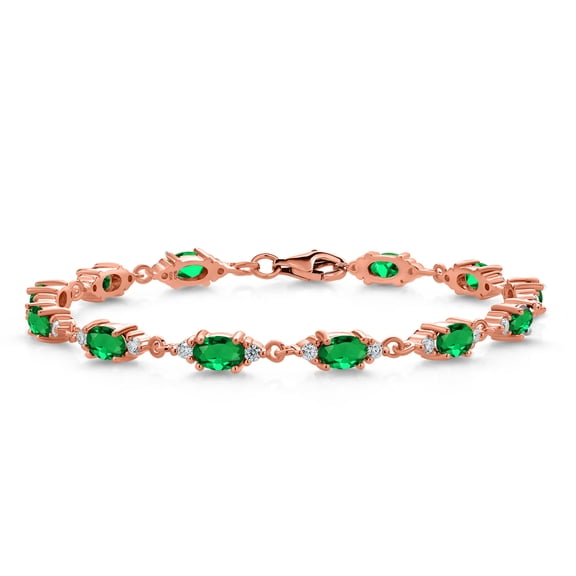 Gem Stone King 18K Rose Gold Plated Silver Green Nano Emerald and White Moissanite Tennis Bracelet for Women (5.71 Cttw, Gemstone Birthstone, Oval 6X4MM, 7 inch)
