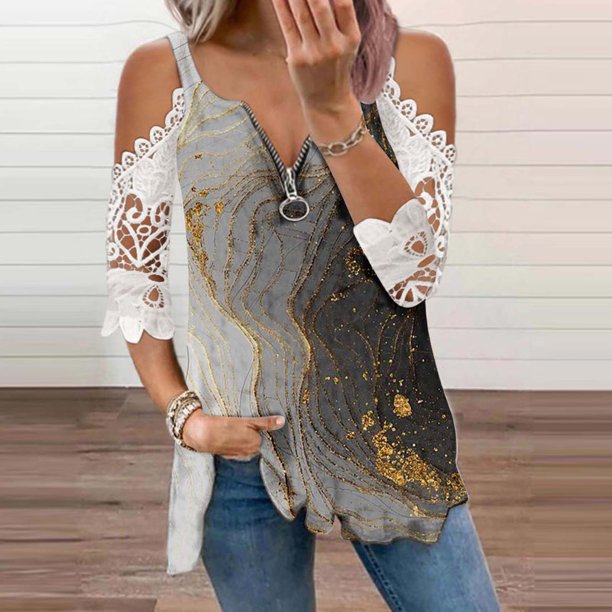 ICHUANYI Clearance Fashion Woman Causal Zipper Neck Printing Blouse Lace Short Sleeve T-Shirt Summer Tops(Gray, XL) ICHUANYI WER2023081000424