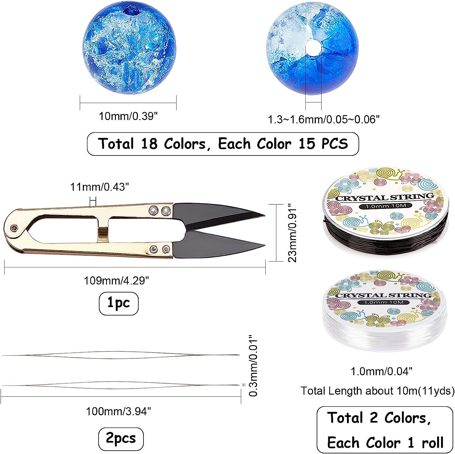1 Set Crackle Glass Beads 18 Colors 10mm Crystal Beads 270pcs with Scissors Elastic Crystal Thread Beading Needles for Necklace Bracelet Earring Jewelry Making