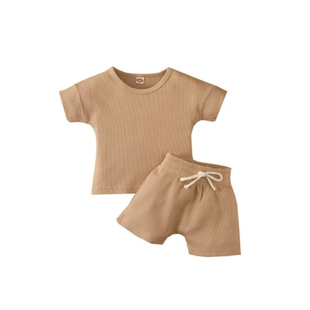 

Yinyinxull Toddler Baby Boys 2Pcs Summer Outfits Short Sleeve Solid Waffle Knit T-Shirts + Shorts Clothes Sets Khaki 6-12 Months