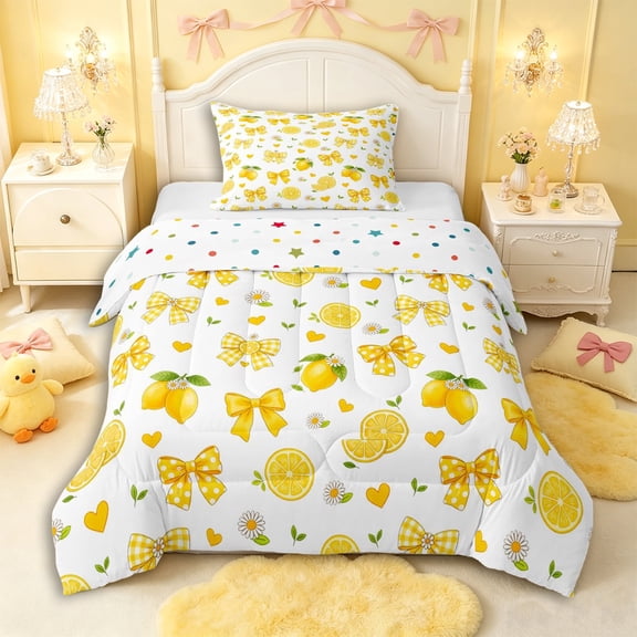 Manfei Girls Kawaii Lemon Bow Twin Comforter Sets 3-Piece,Kids Teens Cute Fruit Flowers Plaid Bowknot Bedding Set,Lightweight Room Decor