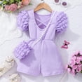 thumbnail image 5 of GYRATEDREAM Toddler Baby Girl Romper Jumpsuit Kids Crewneck Short Puff Sleeve Cross Back Pit Strip Onesie with Bag Spring Summer Outfit Clothes for 2-7Y Purple, 5 of 8