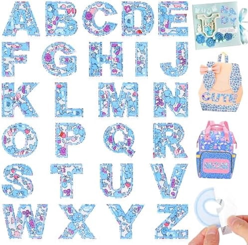 Letter Patches Self-Adhesive for Clothing: 26Pcs Blue Flower Letters Patch Stickers A-Z Alphabet Applique - Cute Fabric Letters Patches Stick on Jackets Hats Bags DIY Crafts