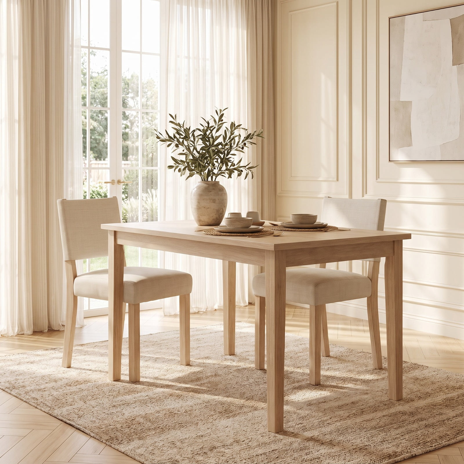 Furnibear Upholstered Dining Chairs with Solid Rubber Wood Legs Set of 2 for Kitchen Dining Room Living Room Home, Beige