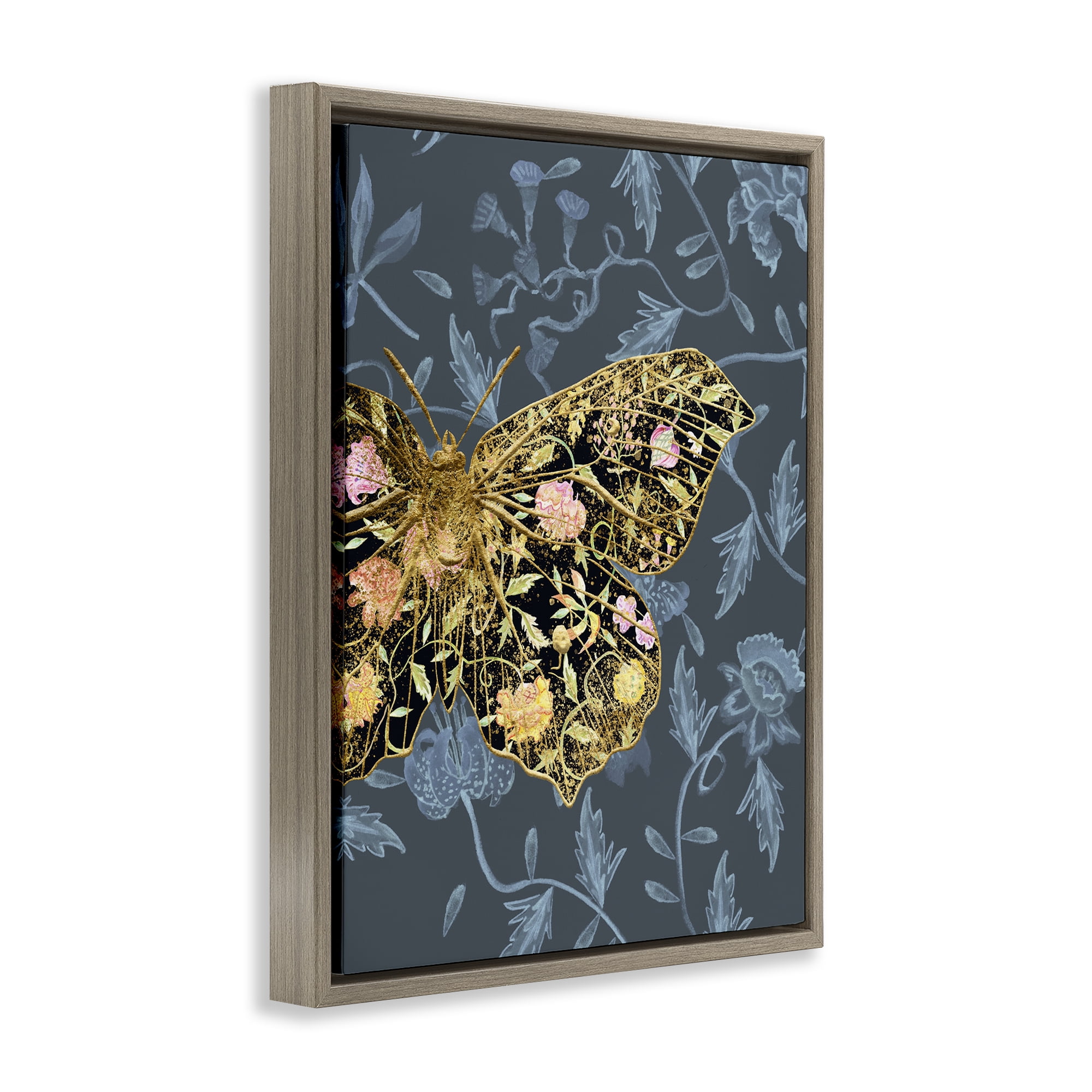 Stupell Industries Blue & Gold Butterfly Animals & Insects Painting Brown Floater Framed Canvas Art Print Wall Art, 17 x 21