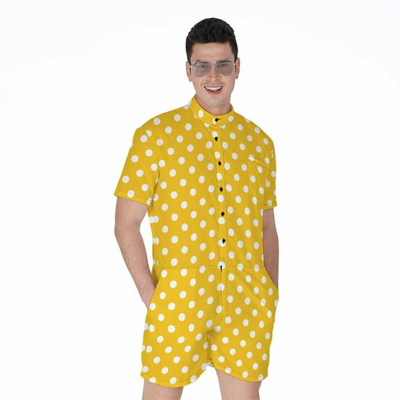 Yellow And White Polka Dot Pattern Short Sleeve Men'S Rompers, Dots Casual Summer Jumpsuits Outfit