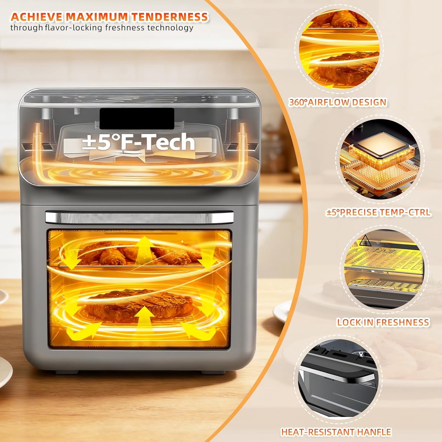 Air fryer desktop convection oven, transparent door and glass window; Timer function, controlled by digital LED touch screen with automatic shutdown function, air fryer with 10 liter capacity for oil