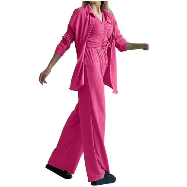 Yuyuzo Womens 3 Piece Fall Sets Long Sleeve Shirts, Drawstring V Neck Tops with High Waisted Lounge Pants