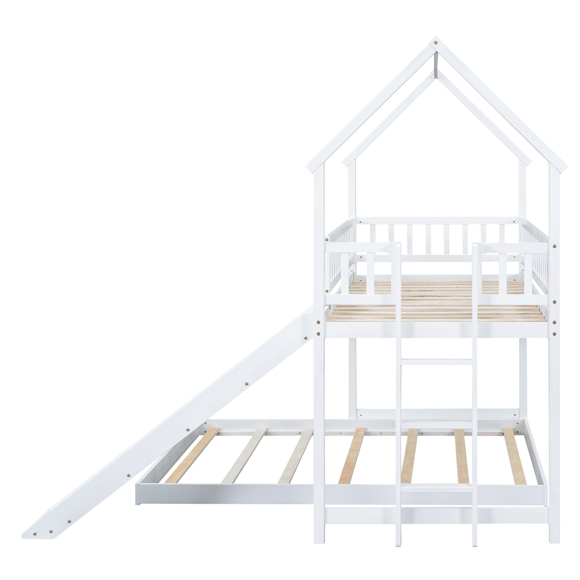 Euroco Wood Twin over Full Bunk Bed, House Bed with Slide for Kids, White