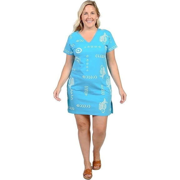 INGEAR Women’s Beach Swimsuit Cover Up, Short Cotton Shift Dress with Pockets, Blue ,2XL