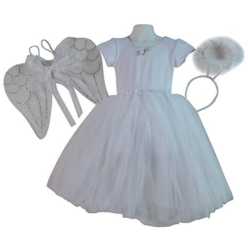Conjunto de disfraz de ángel para niñas, tutú blanco, alas de ángel y diadema de halo (tutú de 16 "de largo, plateado / blanco) Making Believe 792125803573