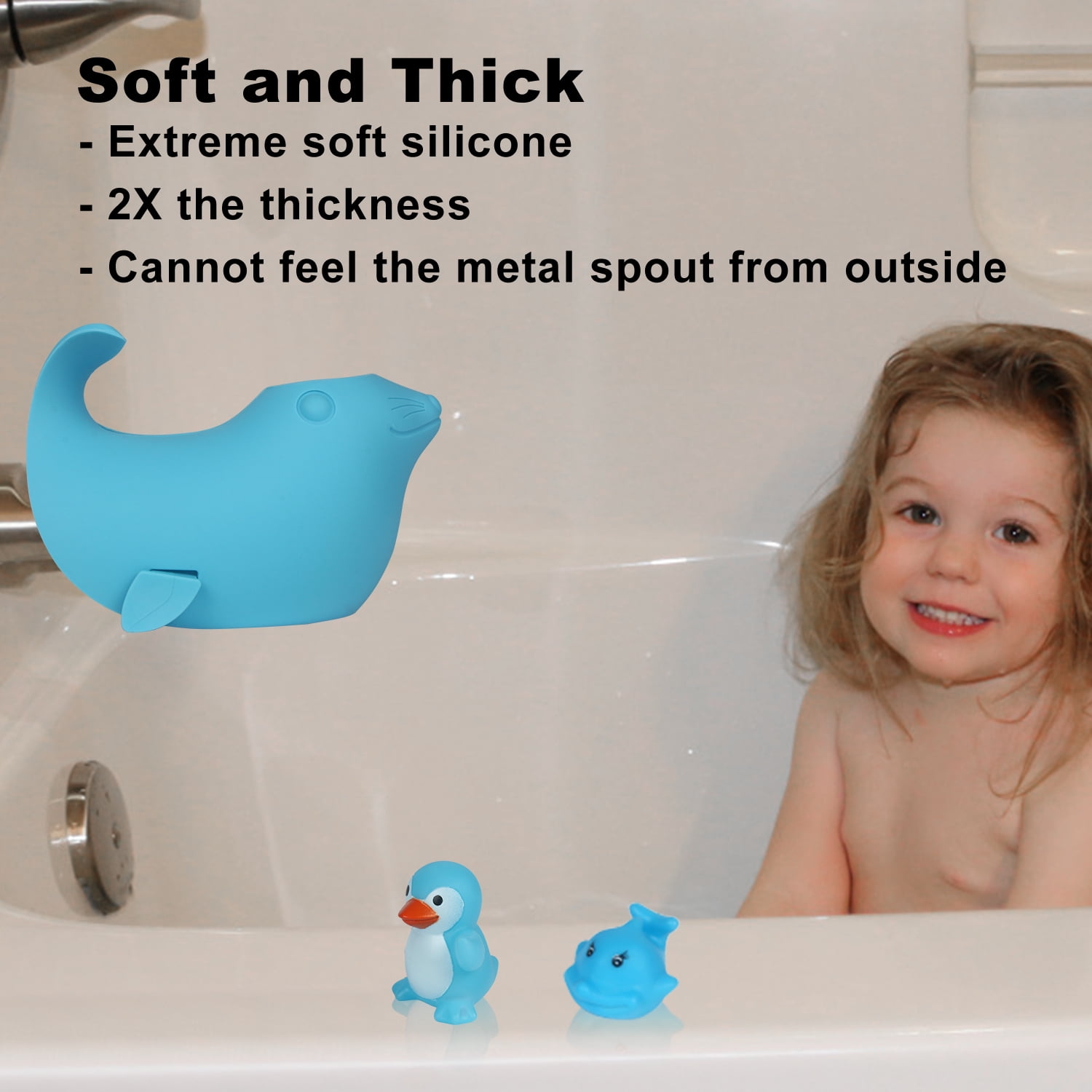 Bath Kneeler and Elbow Rest Pad Set - Bath Kneeling Mat with Toy Organizer - Bath Spout Cover Blue Sea Lions
