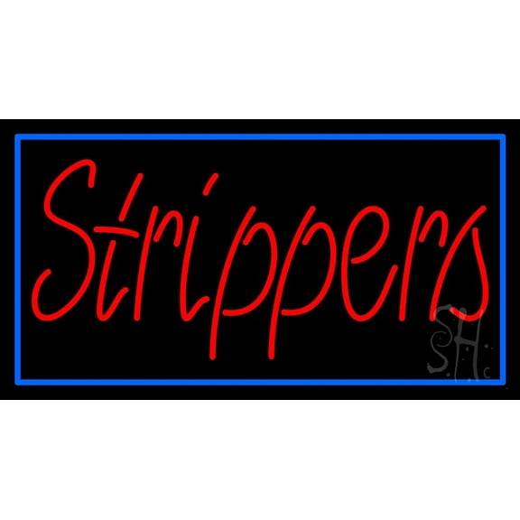 Red Strippers With Blue Border LED Neon Sign 20" Tall x 37" Wide - inches Black Square Cut Acrylic Backing, with Dimmer - Premium built indoor Sign for Strip Club, Dance club, Décor, Bar.