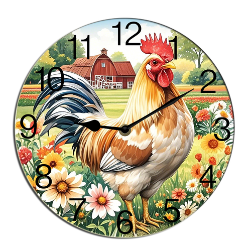 Kurmntregon Rooster Wall Clock Chicken Silent Non Ticking Wooden Clocks Decorative Battery Operated For Bedroom Kitchen Living Room Bathroom Round 10"