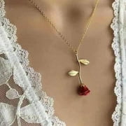 Okbabeha Women Romantic Rose Pendant Necklaces Red Flower Gold Clavicle Chain