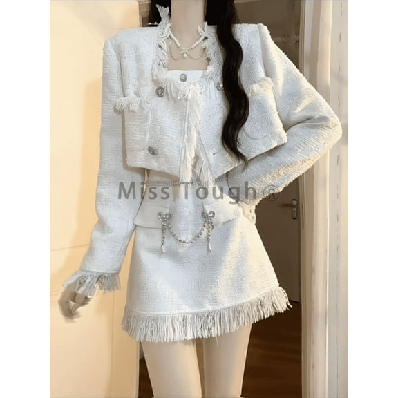 LunaGlo Winter French Vintage 2 Piece Set Women Office Lady Casual Mini Skirt Suit Female Korean Fashion Long Sleeve Elegant Set 2023