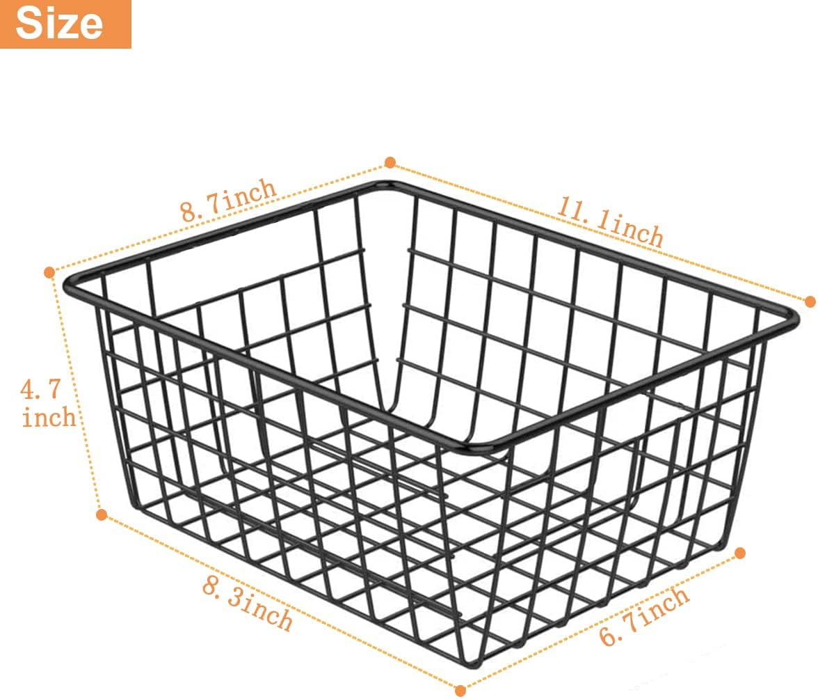 Wire Storage Baskets with Handles-Pack of 4 -Pantry Shelf Organization,Bathroom Metal Basket-Metal Kitchen Organizers and Storage Baskets for Pantry, Freezer, Cabinet -Black，11 x 8.58 x 4.72 Inches