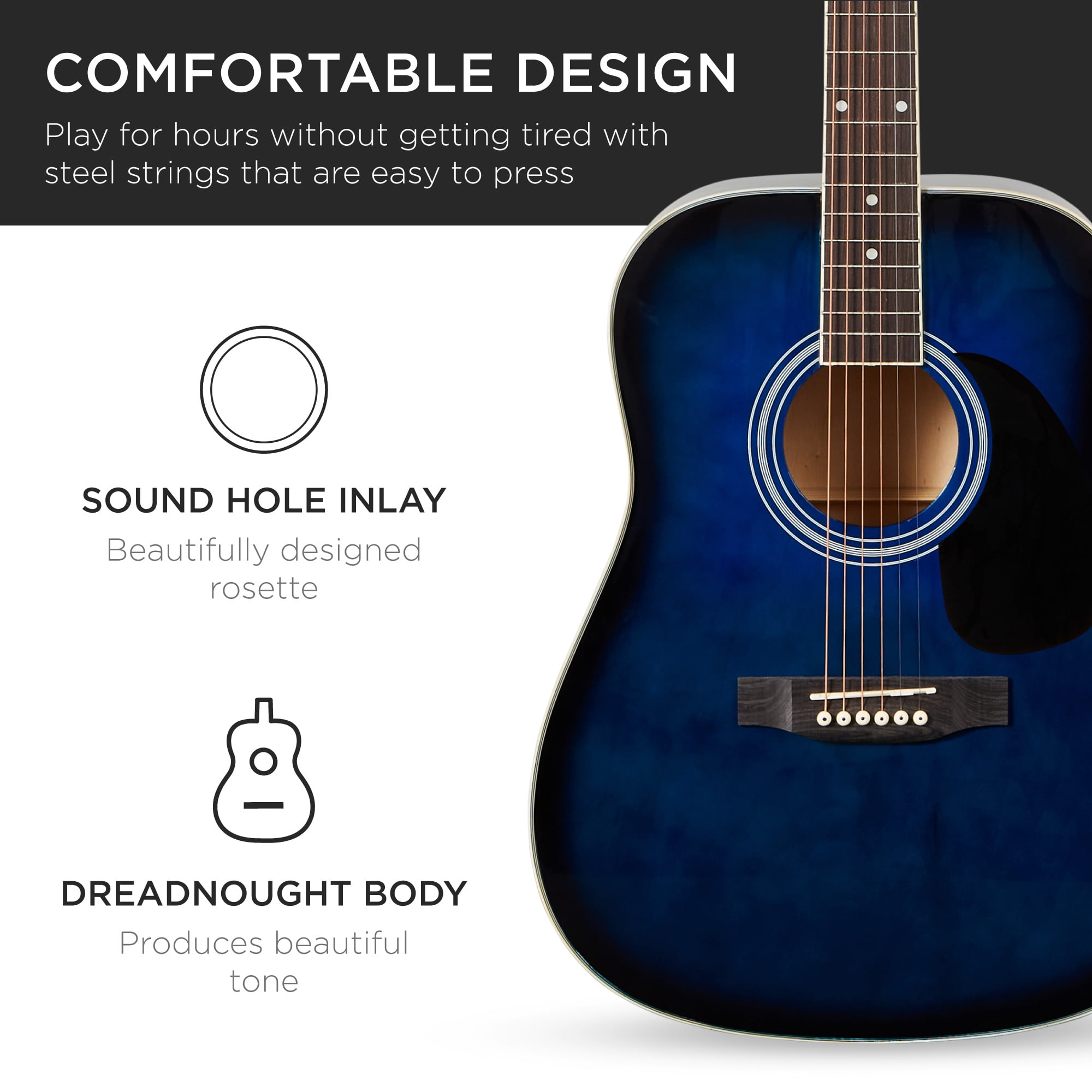 Best Choice Products 41in Full Size All-Wood Acoustic Guitar Starter Kit w/Gig Bag, E-Tuner, Pick, Strap, Rag - Blue