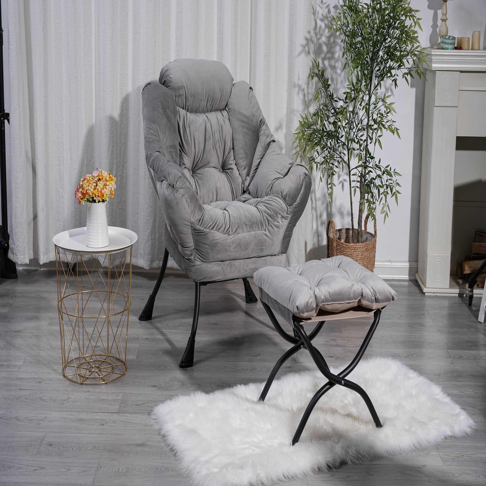 Spaco Modern Cotton Fabric Lazy Chair, Chair with Ottoman Set Armrests and A Side Pocket, Light Gray Spaco Modern Cotton Fabric Lazy Chair, Chair with Ottoman Set Armrests and A Side Pocket, Light Gray