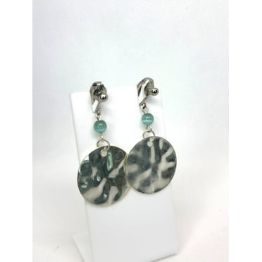 Clip on 2 1/4" antique silver and blue bead dangle earrings
