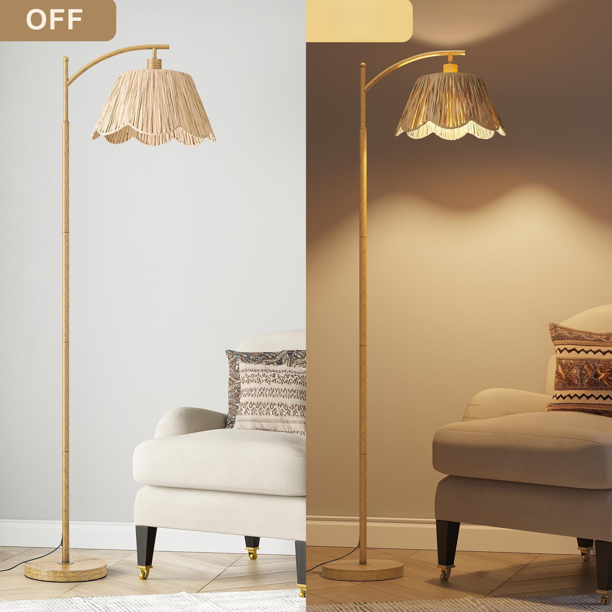 Arc Floor Lamp For Living Room With 3 Color Temperatures  Rattan Boho Remote & Dimmable Bulb Farmhouse Lamps Suitable Bedroom Study(light Woodgrain)