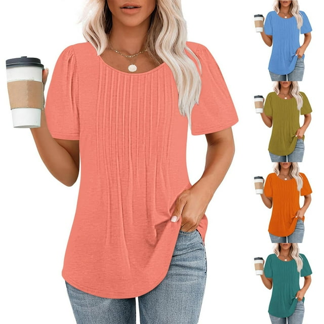 QIPOPIQ Tuniques pour Femmes Coupe Ample T-Shirts à Manches Courtes Col Ras du Cou Hauts d'Été Décontractés Liquidation