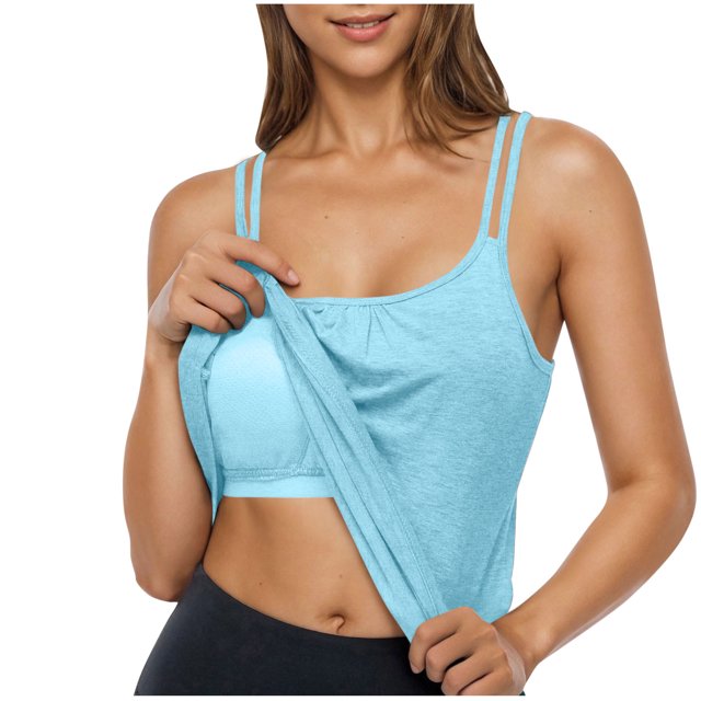 Taqqpue Camisoles à Soutien-Gorge Intégré pour Femmes, Bretelles Spaghetti, Encolure Dégagée, Sans Manches, T-Shirts Unis Smockés, Haut Estival Décontracté