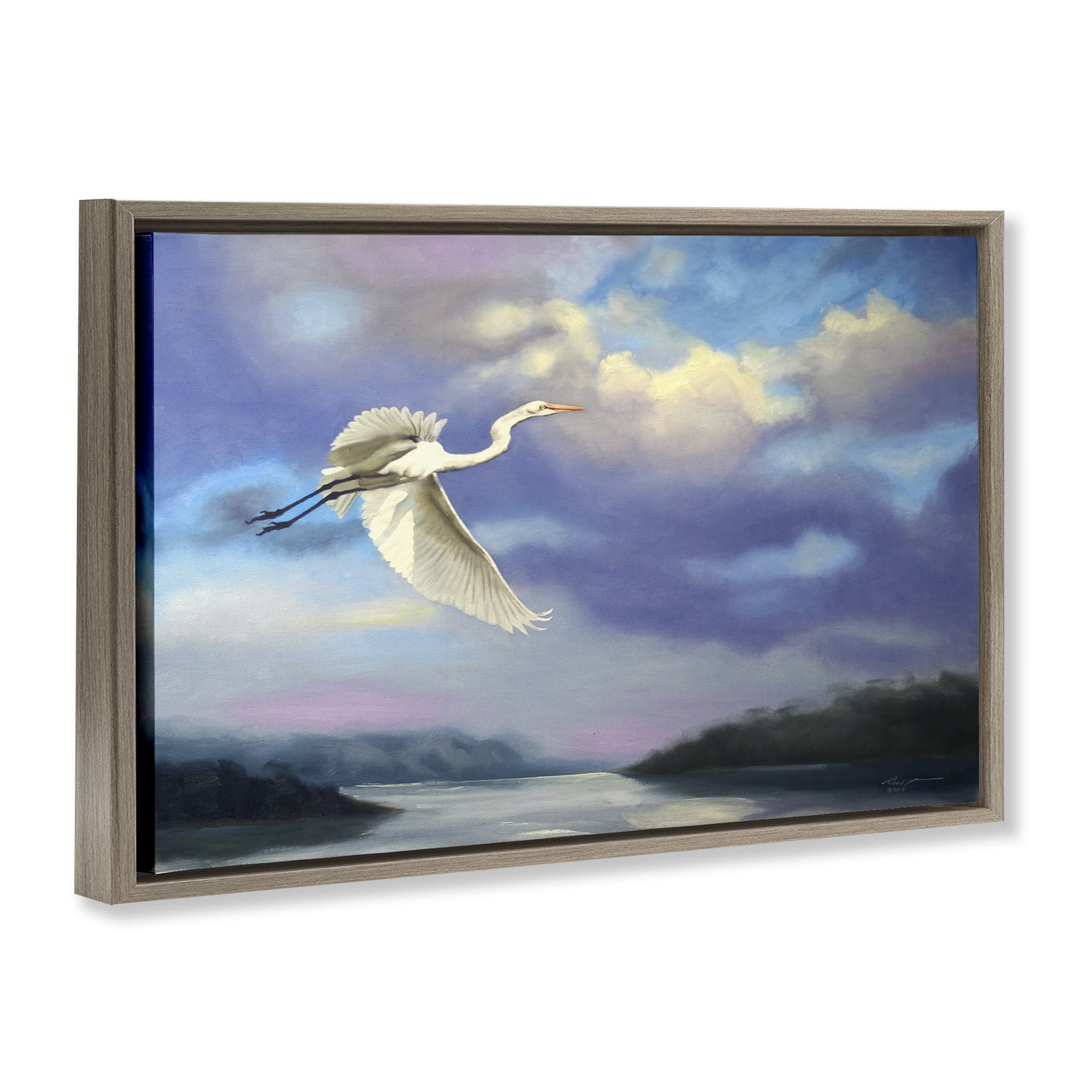 Stupell Industries Egret Over Clouds Landscape Painting Brown Floater Framed Canvas Art Print Wall Art, 25 x 17