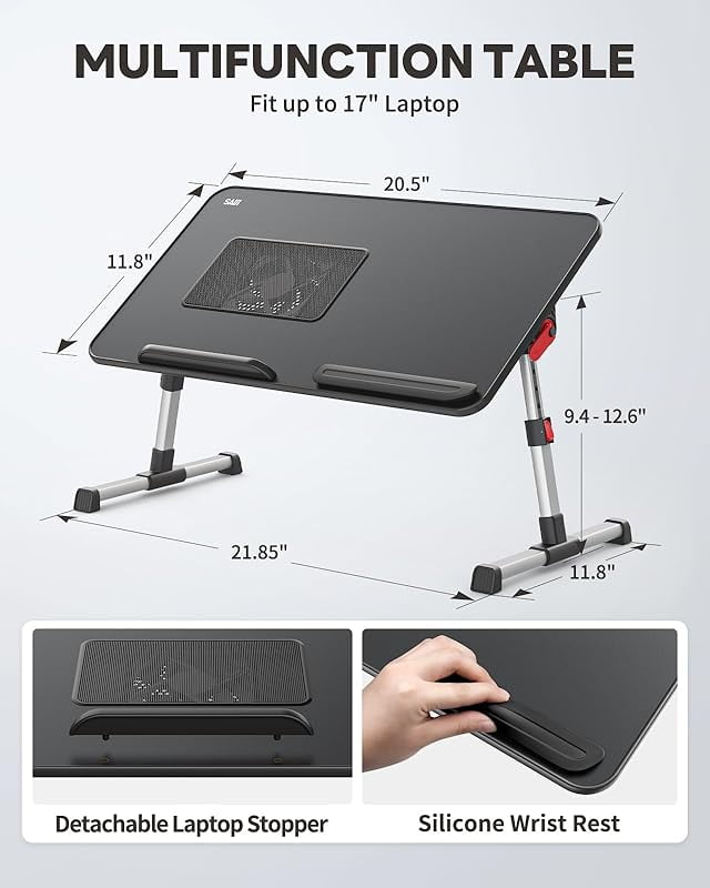 MY Laptop Desk for Bed with Cooling Fan, SAIJI Height & Angle Adjustable Laptop Stand for Bed, Lap Desk Tray Table, Lightweight Foldable Portable Computer Table for Couch Sofa Chair Floor Desk (Black