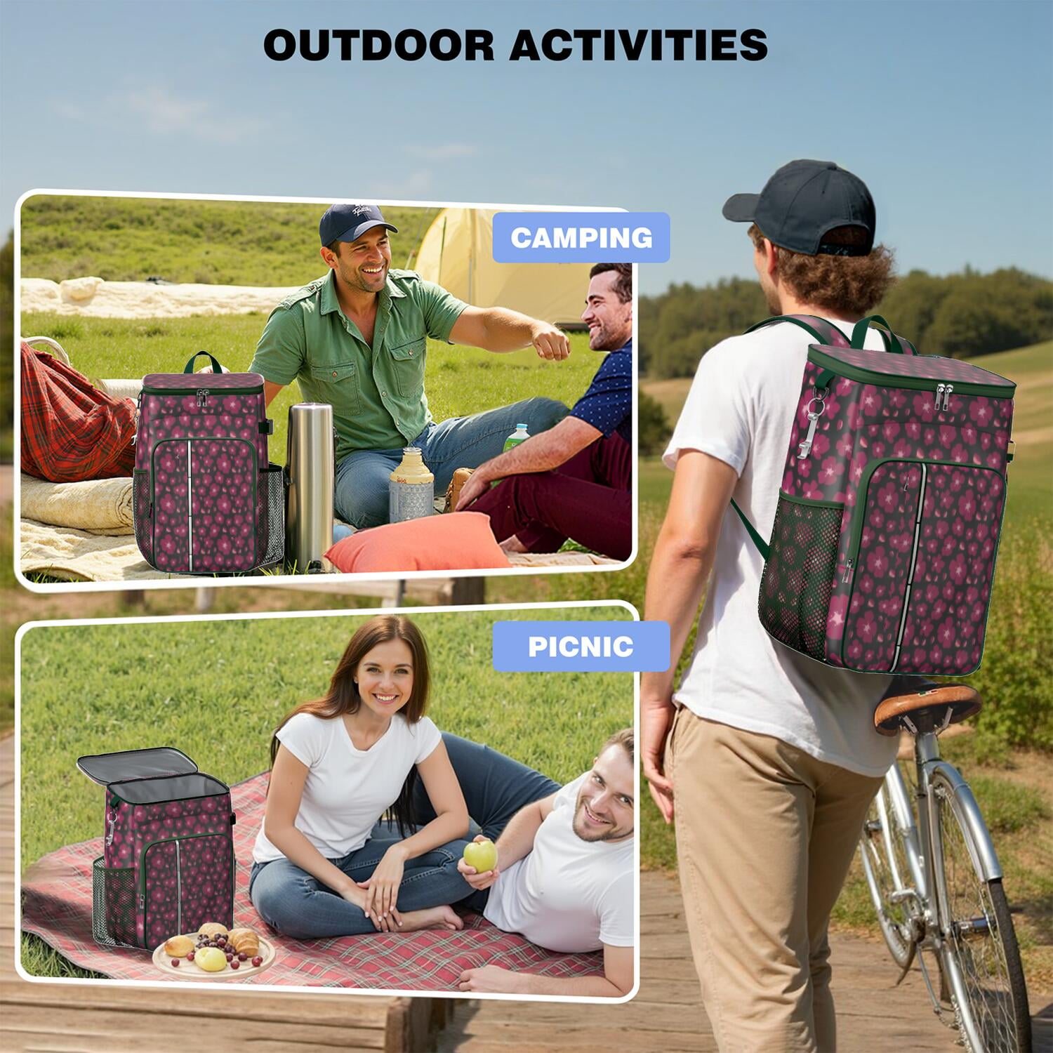 Travel Cooler Bag - Pioneer Flower Floral Print Pattern Camping Beer Cooler Backpack with Bottle Opener- Waterproof Insulated Picnic Backpacks - Cooler Bag for Beach