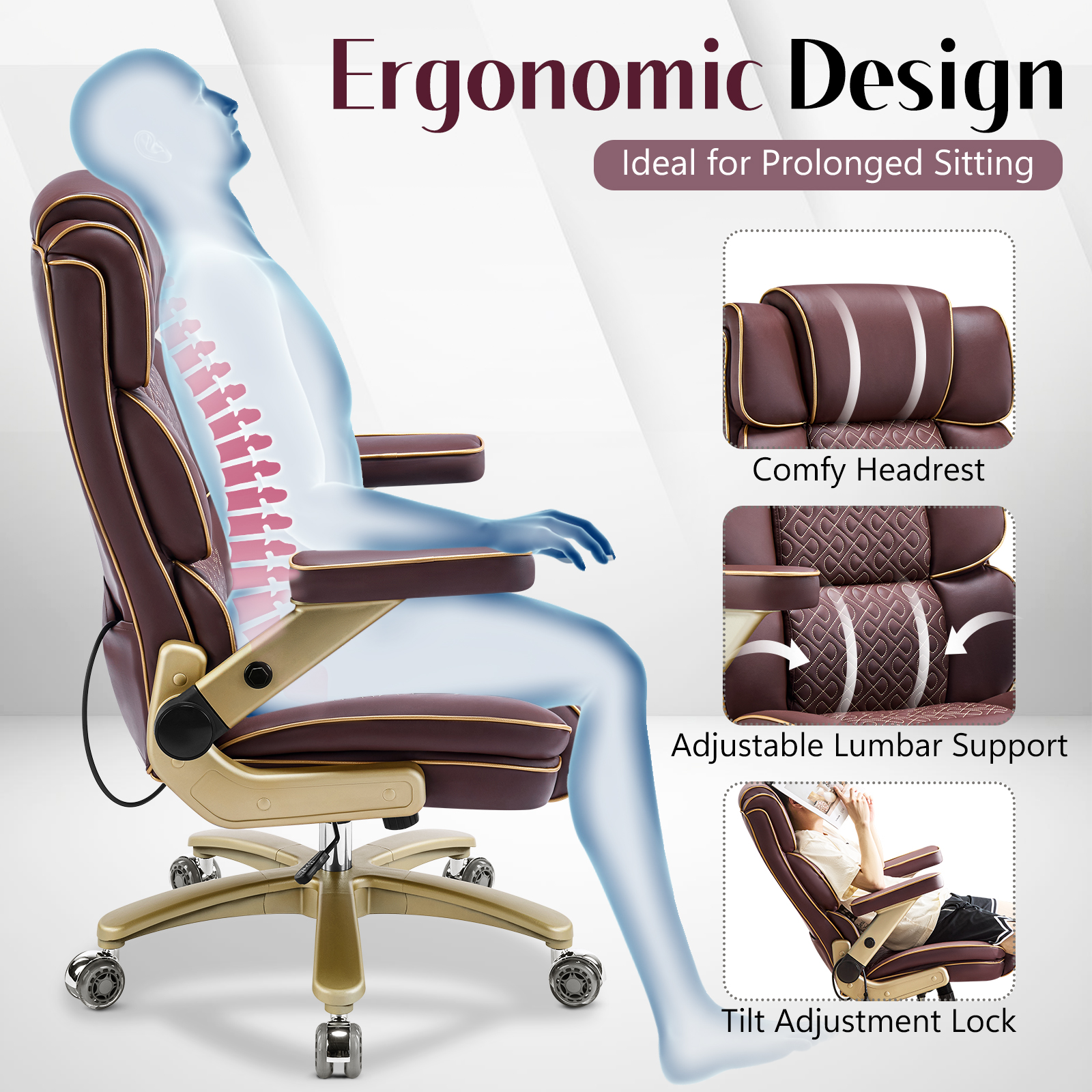 Falvinoryn Big and Tall Office Chair 500LBS, Ergonomic High Back Executive Office Chair, Adjustable Lumbar Support, Flip Arms, Locking Wheels Large Computer Desk Chair, Brown
