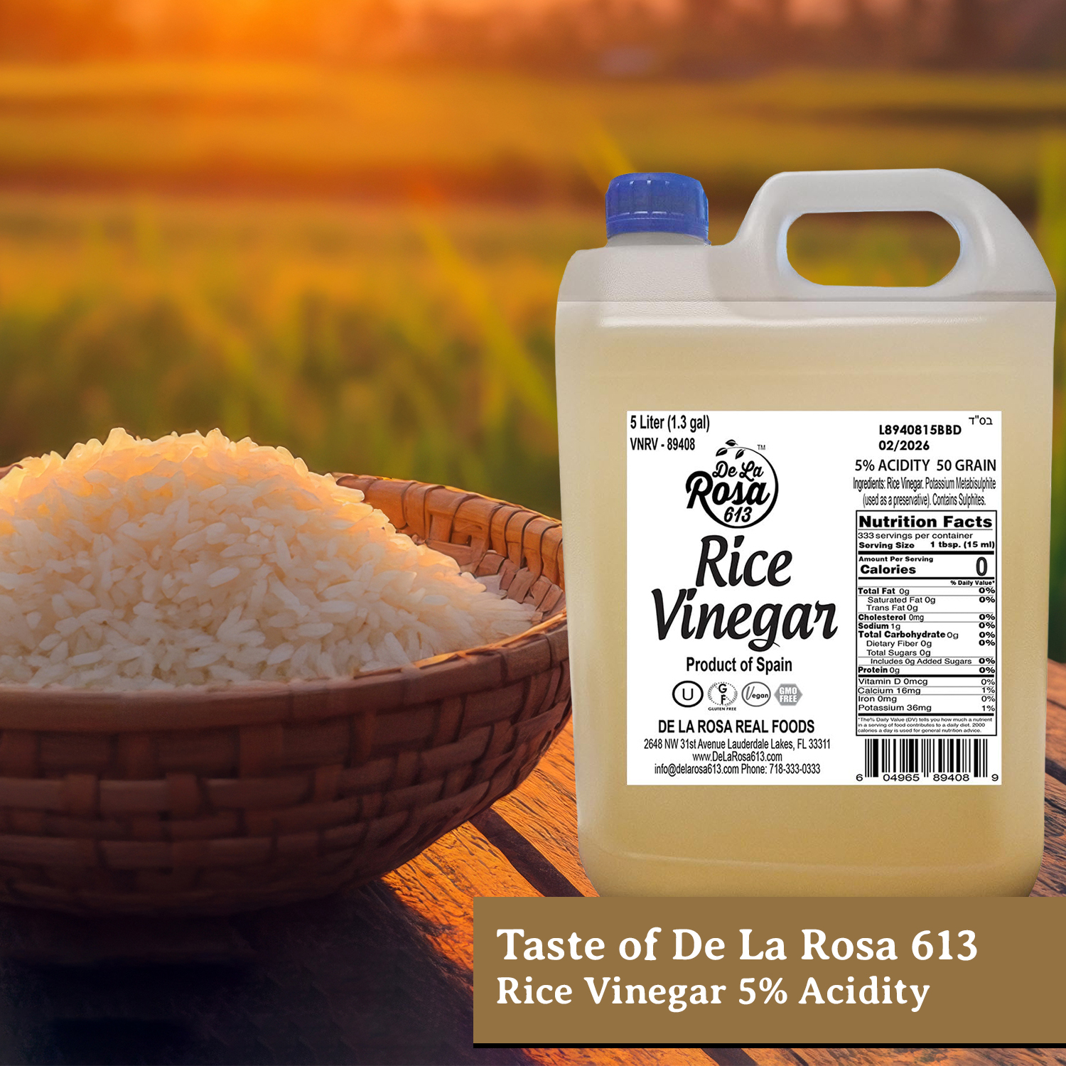 De La Rosa 613  5-Liter Rice Vinegar: Gluten-Free, Non-GMO