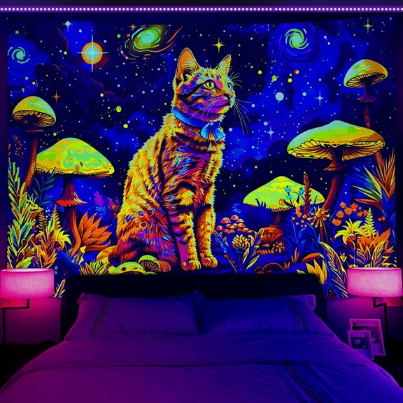 Blacklight Space Cat Tapestry, UV Reactive Fantasy Mysterious Galaxy Mushroom Plant Tapestry, Glow in The Dark Nature forest Wall Tapestry Planet Aesthetics Tapestry Wall Hanging for Bedroom, 60X40IN