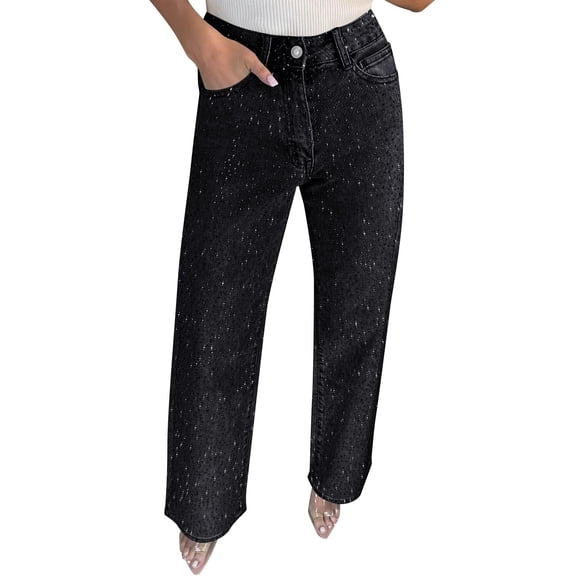 Levmjia Women High Rise Straight Leg Jeans with Rhinestone Details Casual Denim Pants with Pockets Stretch Tummy Control Plain Solid Color for Women