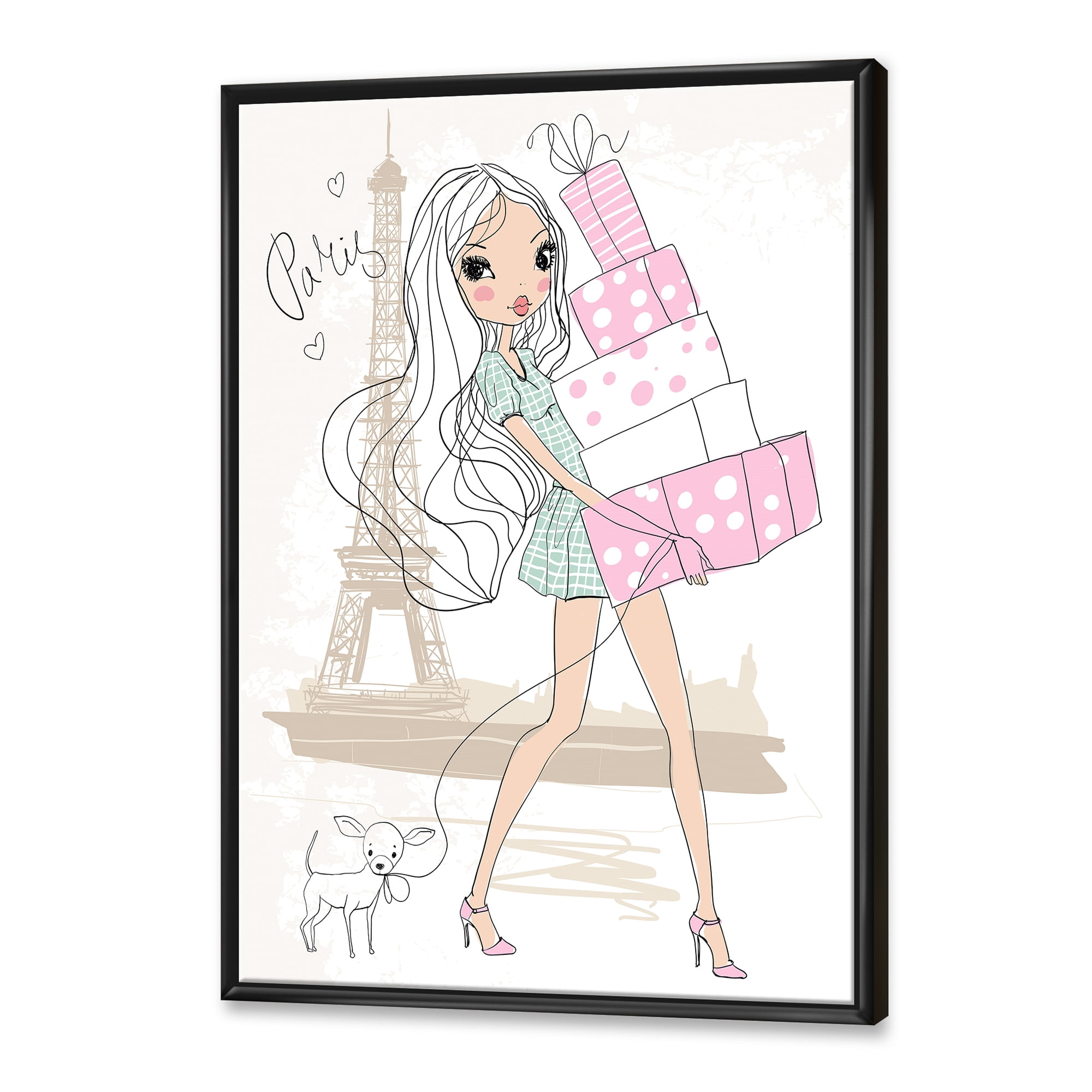 Designart 'Young Woman With Shopping Boxes In Paris' Shabby Chic Framed Canvas Wall Art Print