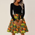 thumbnail image 4 of Halloween Dresses for Women Castle Bat Crew Neck 1950s Hepburn Vintage Dresses Long Sleeve Cocktail Cute Retro Tea Length Dress with Belt 2XL, 4 of 6