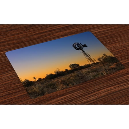 Kalahari Outdoor Windmill Placemats Set of 4 Sunset in Kalahari Peaceful Outdoors Agriculture Rural Nature Image, Washable Fabric Place Mats for Dining Room Kitchen Table Decor,Blue Brown and Marigold, by Ambesonne ()
