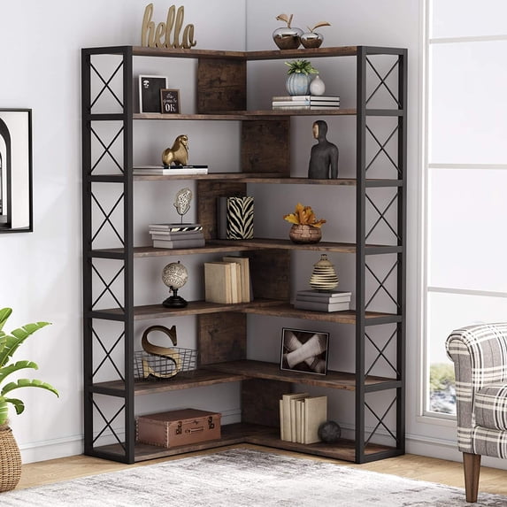 Tribesigns 6-Shelf Corner Bookcase, Vintage Industrial Corner Bookshelf Etagere Bookcase, 6 Tier Corner Shelf Storage Rack with Metal Frame for Living Room Home Office (Rustic Brown)