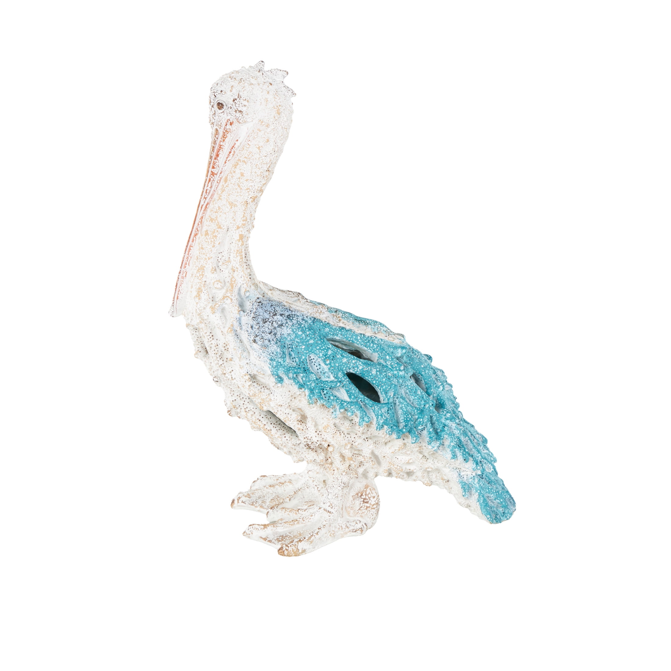 10" x 14" Blue Polystone Textured Pelican Sculpture with Blue Feathers, by DecMode