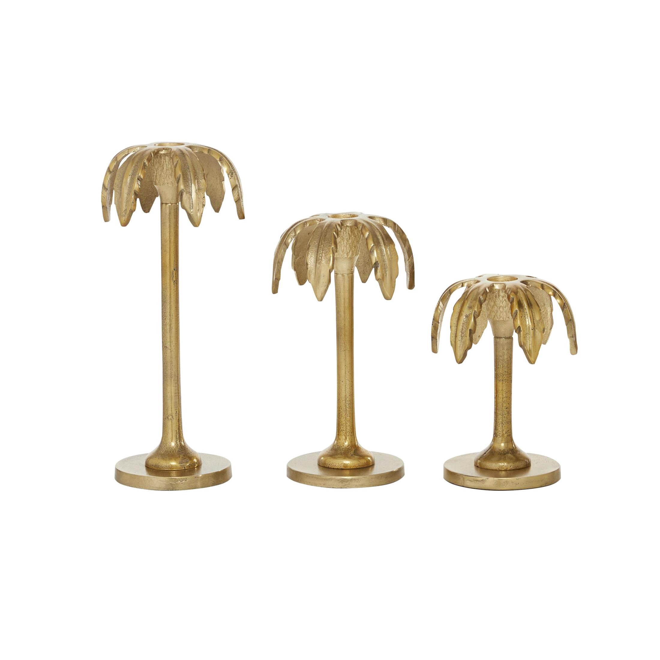 DecMode 3 Candle Gold Aluminum Metal Palm Tree Candle Holder, Set of 3