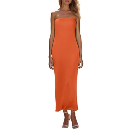 Summer Dresses For Women Summer Solid Color Sexy Strapless Off Shoulder Party Club Beach Maxi Dress Beachwear Orange S