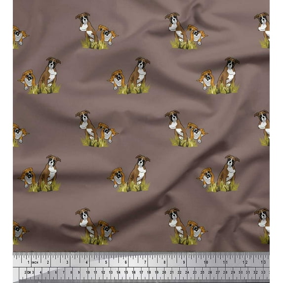 Soimoi Japan Crepe Satin Fabric Grass & Boxer Dog Printed Craft Fabric by The Yard 42 Inch Wide